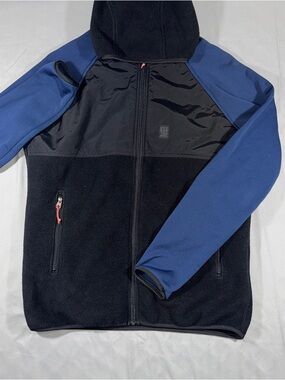 Topo Designs Jacket Mens Large Black Blue Fleece Hooded Full Zip USA Made
